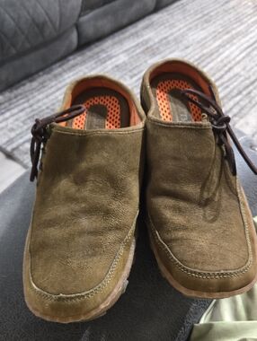 Casual Women's Suede Slip-On Shoes in Olive Brown, Size 7.5